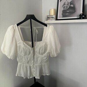 ASTR The Label White Puff-Sleeve Button Blouse • Size S • Romantic Cottagecore
